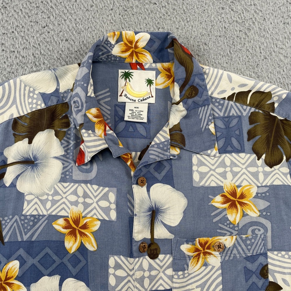 Banana Cabana Shirt Men XXL Blue Silk Floral Aloha Hawaiian Camp Button Up Short